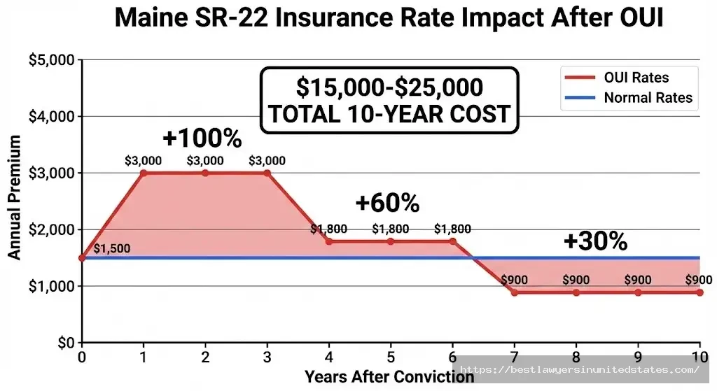 Maine SR-22 insurance rate increase graph 100% increase years 1-3, declining to normal by year 10, $15K-$25K total