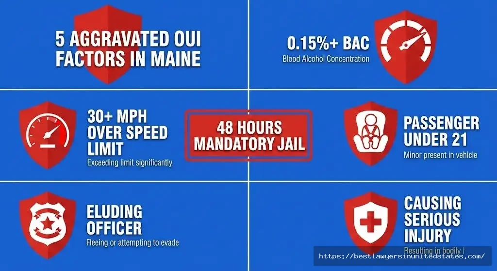 Maine aggravated OUI factors 0.15% BAC, excessive speed, child passenger, eluding police, causing injury