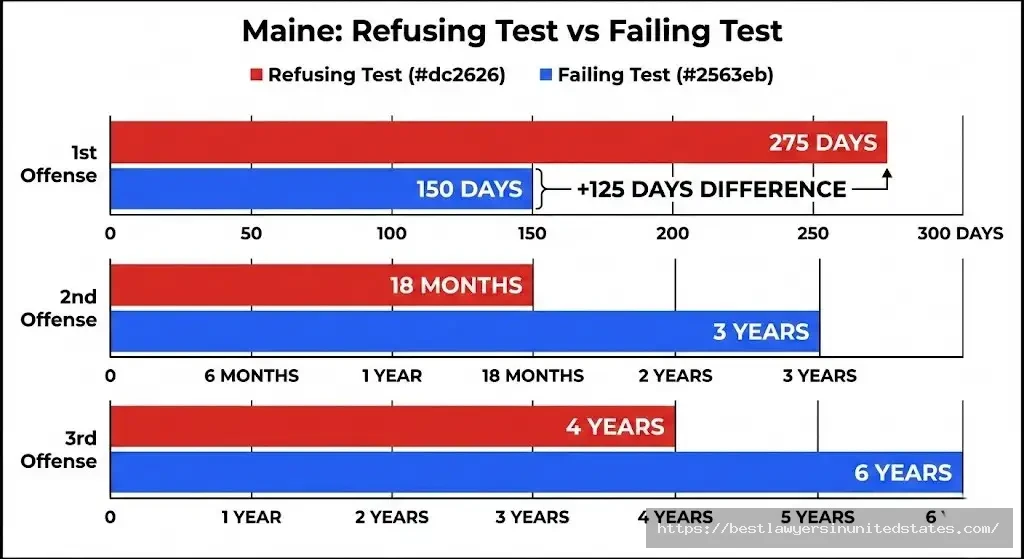 Maine breathalyzer refusal penalties vs failed test 275 vs 150 days for 1st offense suspension comparison chart