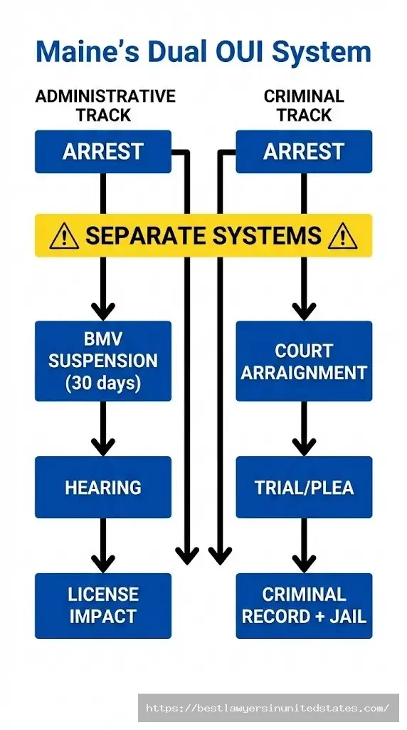 Maine criminal OUI vs administrative OUI dual system flowchart showing separate BMV and court processes