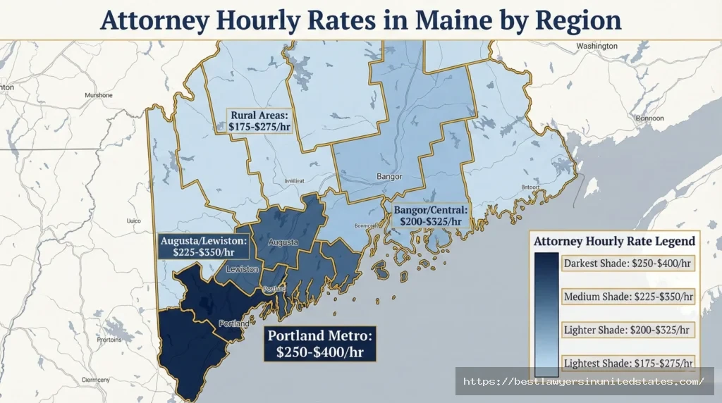 Maine divorce attorney hourly rates by region showing Portland at $250-$400, Augusta at $225-$350, Bangor at $200-$325, and rural areas at $175-$275 per hour