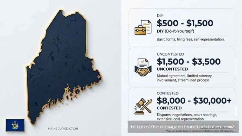 Maine divorce cost ranges 2026 showing DIY, uncontested, and contested divorce price tiers