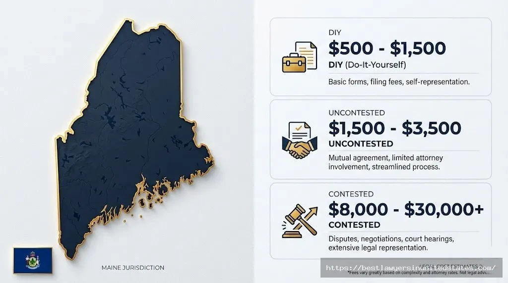Maine divorce cost ranges 2026 showing DIY, uncontested, and contested divorce price tiers