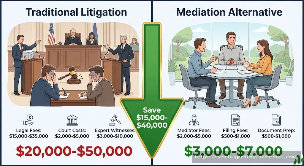 Maine divorce mediation cost savings comparison showing traditional litigation at $20,000-$50,000 versus mediation at $3,000-$7,000 with potential savings of $15,000-$40,000