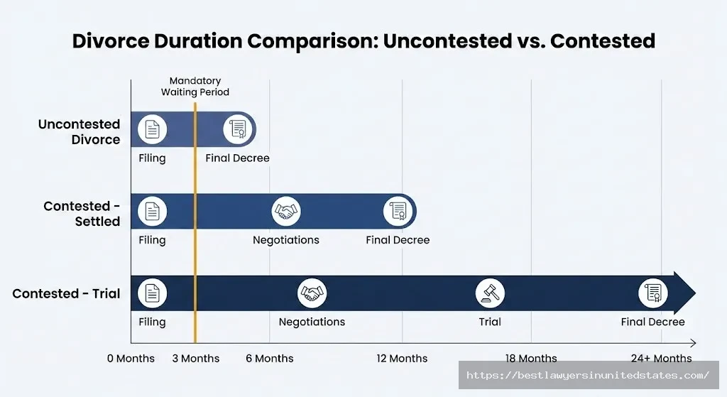 Maine divorce timeline comparison chart showing uncontested divorces take 2-4 months, contested settled cases 6-12 months, and trial cases 12-24+ months