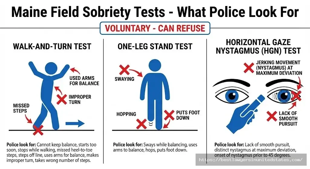Maine field sobriety test failure indicators walk-and-turn balance, one-leg stand sway, eye nystagmus jerking
