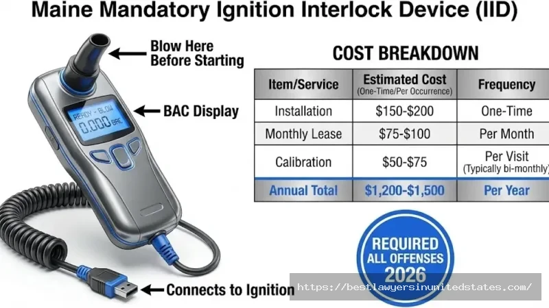 Maine ignition interlock device diagram with costs $150-$200 install, $75-$100 monthly, $1,200-$1,500 annual total