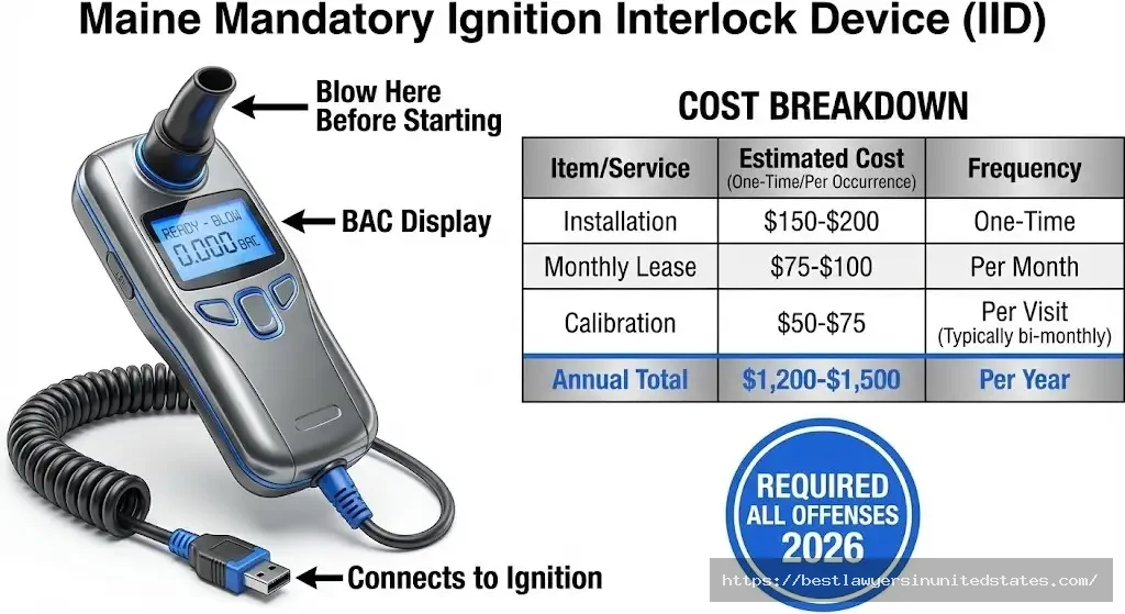 Maine ignition interlock device diagram with costs $150-$200 install, $75-$100 monthly, $1,200-$1,500 annual total