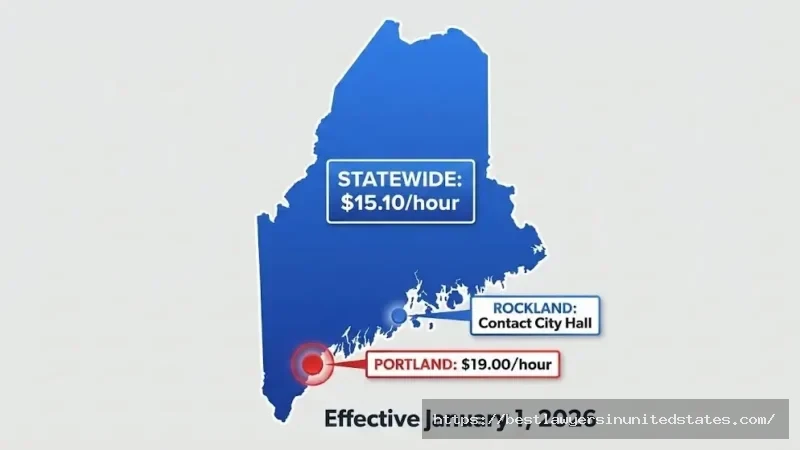 Maine map showing minimum wage rates Portland $19.00, statewide $15.10, Rockland separate rate for 202