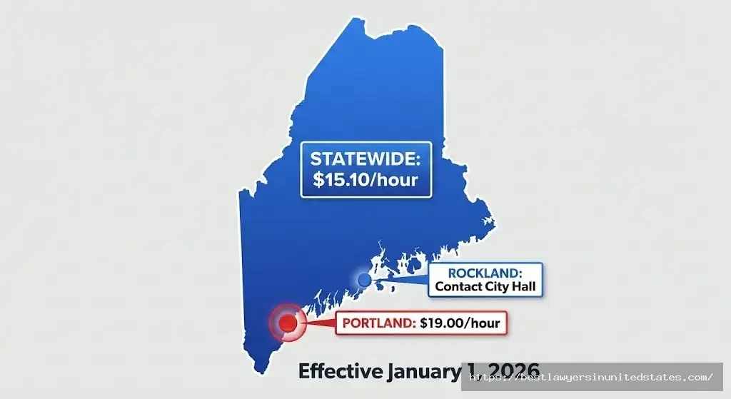 Maine map showing minimum wage rates Portland $19.00, statewide $15.10, Rockland separate rate for 202