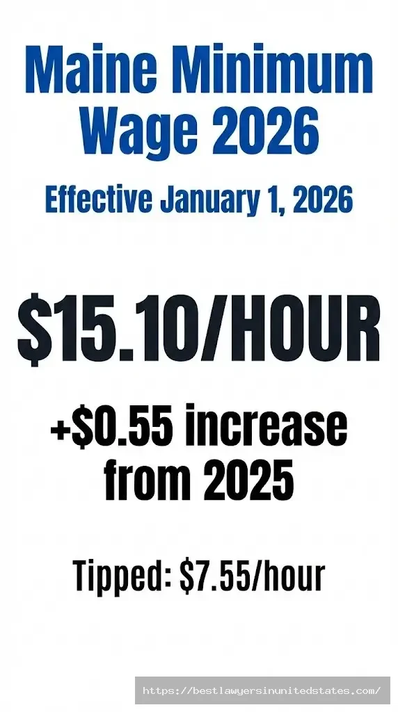 Maine minimum wage 2026 rate of $15.10 per hour with tipped wage of $7.55 effective January 1, 2026