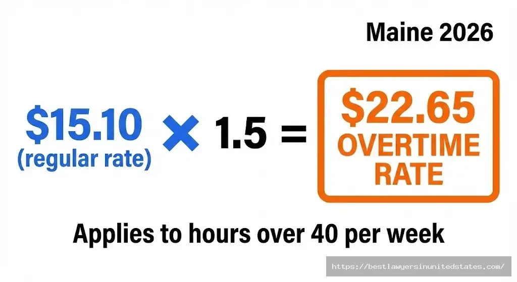 Maine overtime calculation showing $15.10 minimum wage times 1.5 equals $22.65 overtime rate for 2026