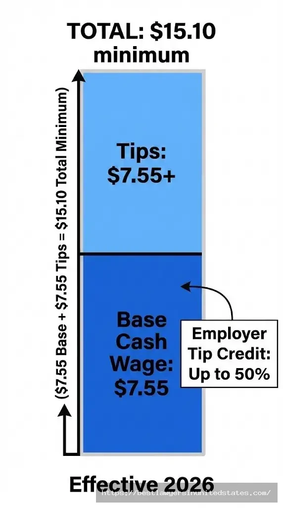 Maine tipped employee wage breakdown showing $7.55 base wage plus tips totaling $15.10 minimum for 2026