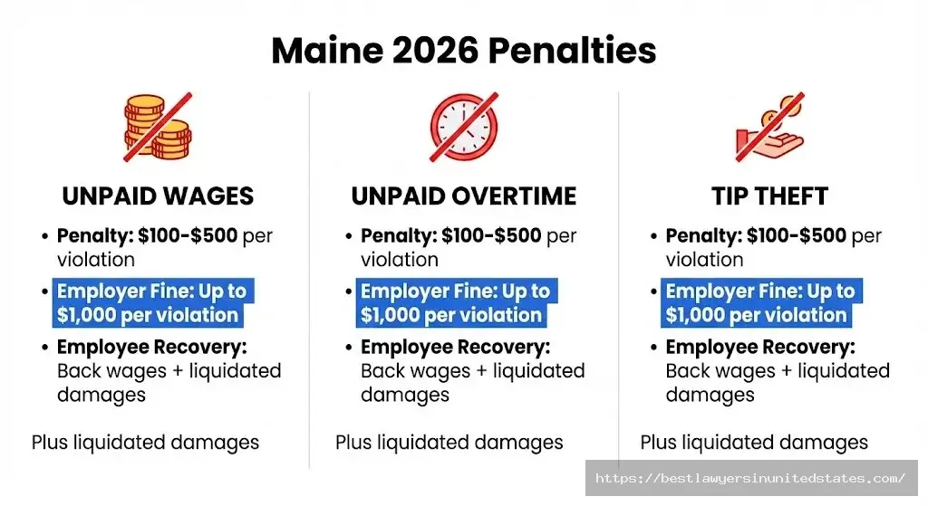 Maine wage violation penalties chart showing fines and damages for unpaid wages, overtime, and tip theft in 2026