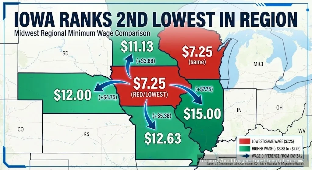 Map comparing Iowa $7.25 minimum wage to neighboring states Illinois, Nebraska, Minnesota, Missouri, Wisconsin