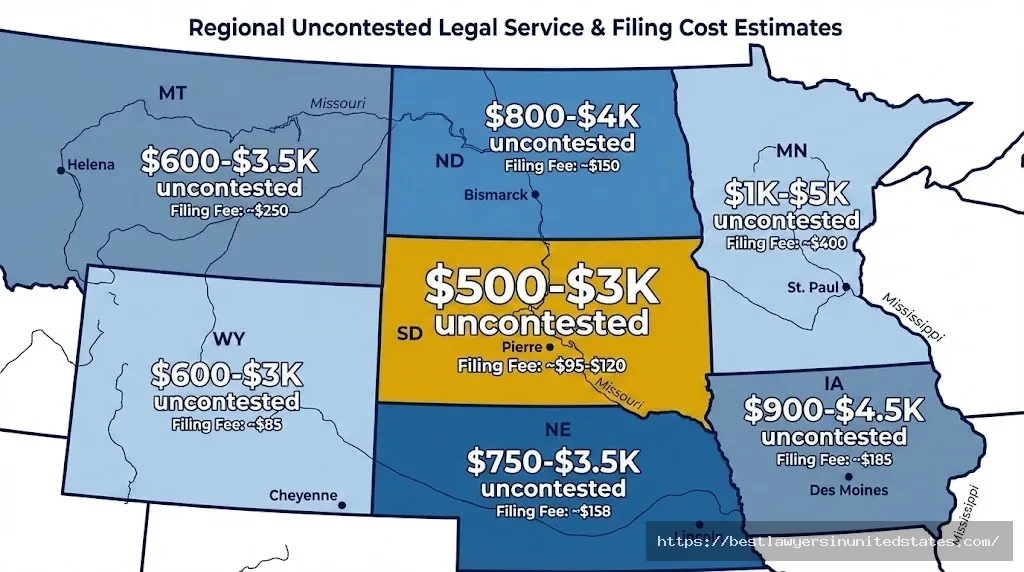 Map comparing South Dakota divorce costs with neighboring states including North Dakota, Minnesota, Iowa, Nebraska, and Montana