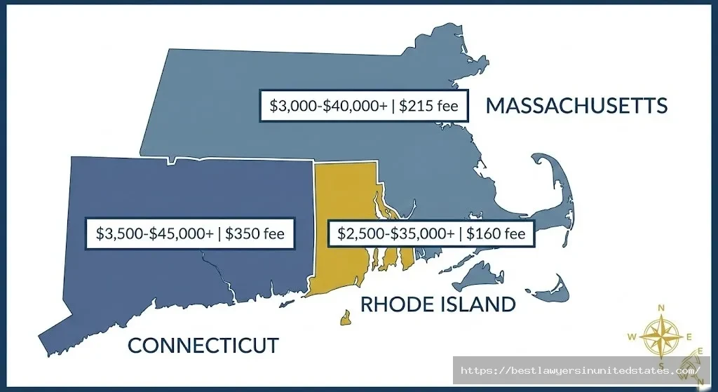 Map comparing divorce costs in Rhode Island, Massachusetts, and Connecticut showing filing fees and total cost ranges