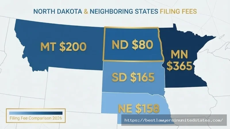 Map comparing divorce filing fees across North Dakota and neighboring states showing ND has lowest fee at $80