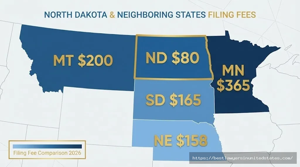 Map comparing divorce filing fees across North Dakota and neighboring states showing ND has lowest fee at $80