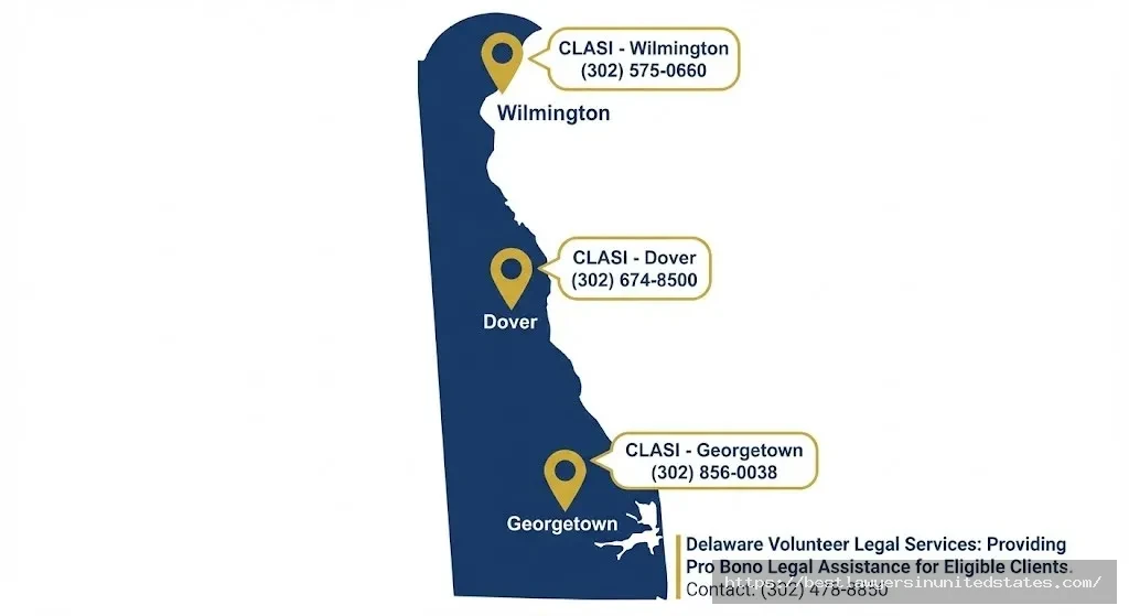 Map of Delaware showing Community Legal Aid Society office locations in Wilmington, Dover, and Georgetown with contact information