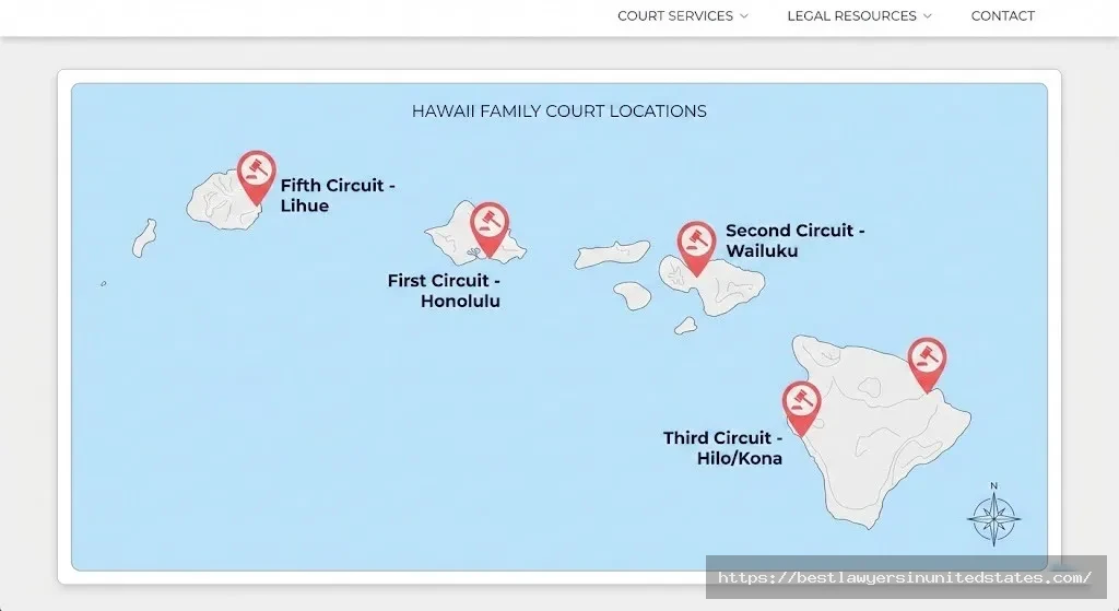 Map of Hawaii showing Family Court circuit locations across all major islands including Oahu, Maui, Kauai, and Hawaii Island