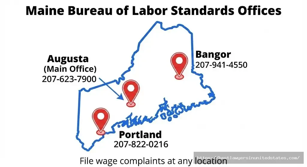Map of Maine showing three Bureau of Labor Standards office locations in Augusta, Portland, and Bangor with phone numbers