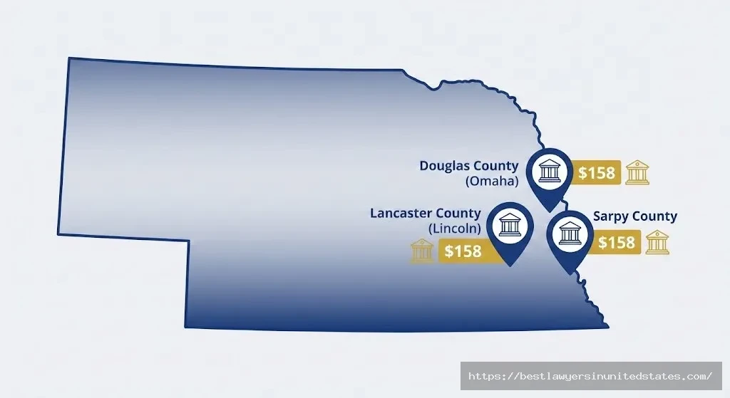 Map of Nebraska showing $158 divorce filing fees in Douglas County, Lancaster County, and Sarpy County