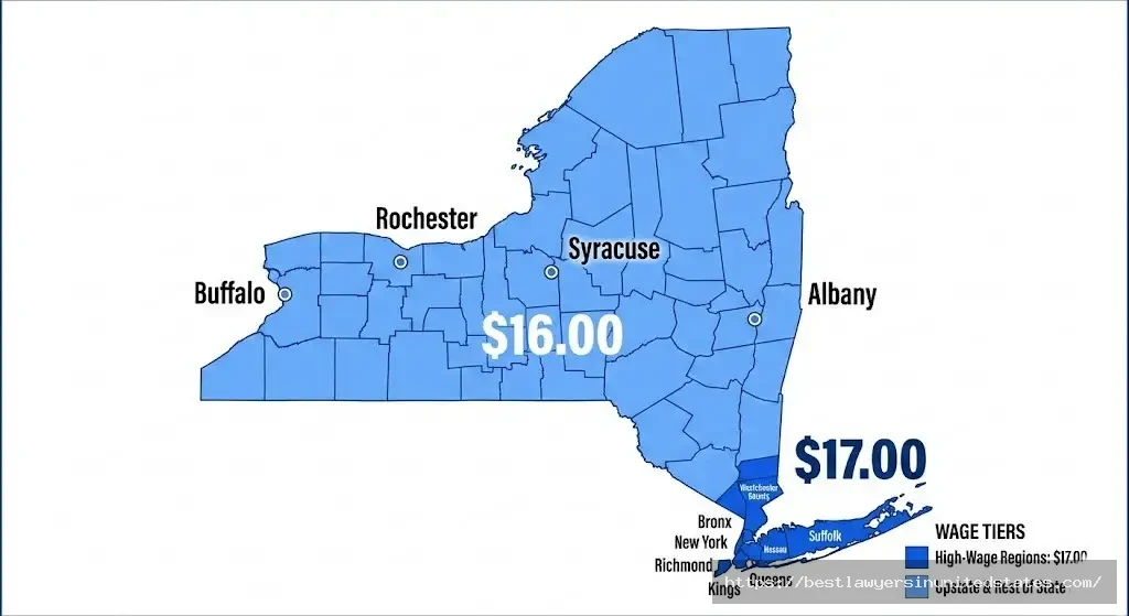 Map of New York showing minimum wage by region with NYC Long Island Westchester at $17 and upstate at $16