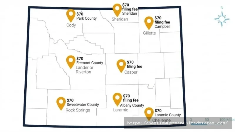 Map of Wyoming counties showing $70 divorce filing fee across all major counties including Laramie, Natrona, and Campbell counties