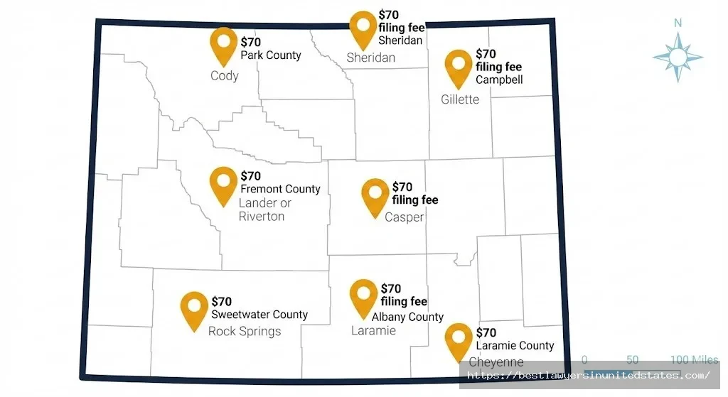 Map of Wyoming counties showing $70 divorce filing fee across all major counties including Laramie, Natrona, and Campbell counties