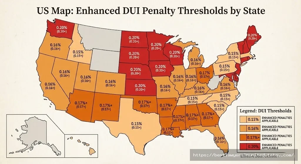 Map of enhanced DUI penalty BAC thresholds across United States by state