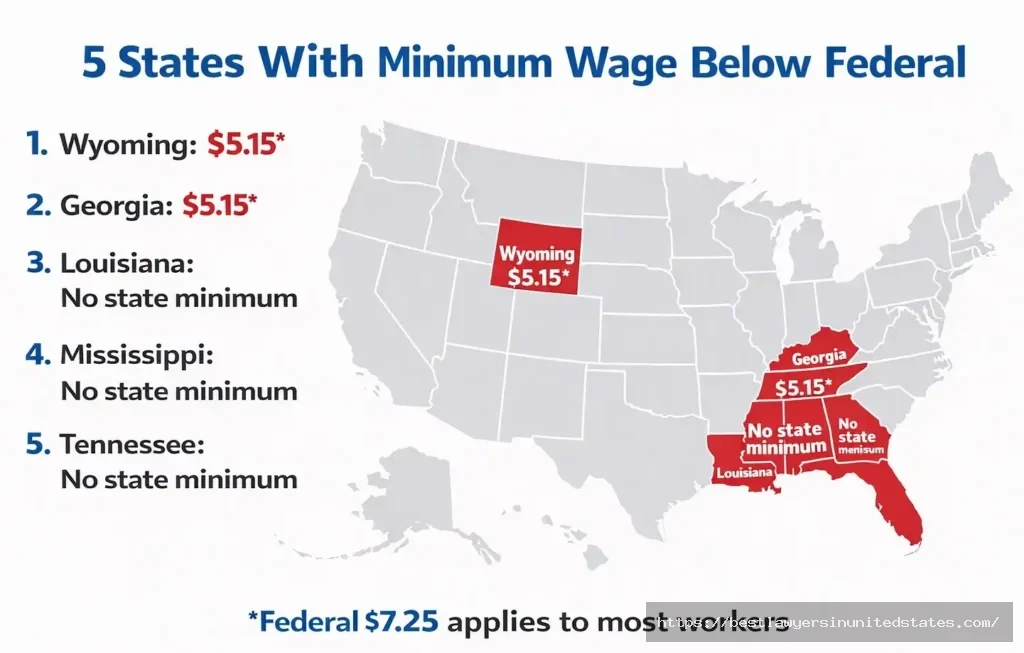 Map showing five states below federal minimum wage including Wyoming and Georgia at $5.15 per hour