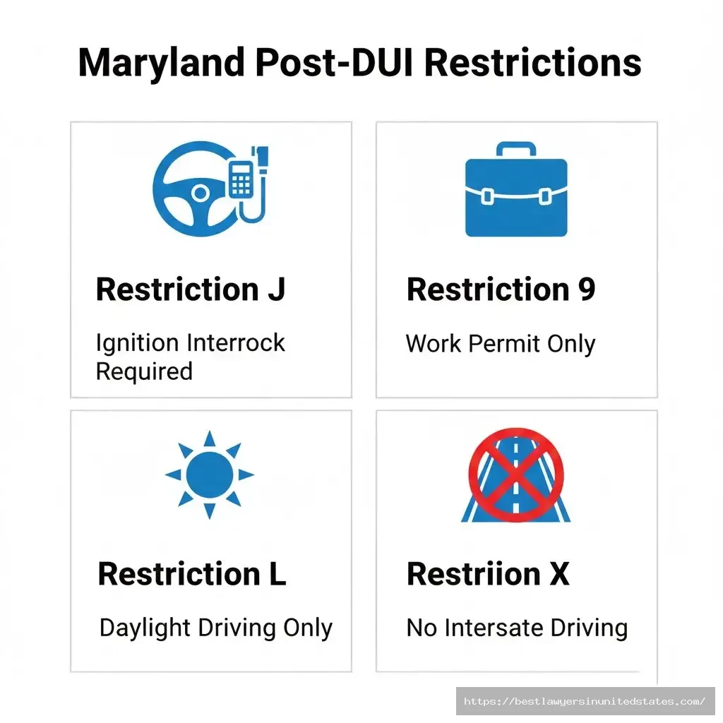 Maryland DUI license restriction codes chart explaining Restriction J ignition interlock, Restriction 9 work permit, and other limitations