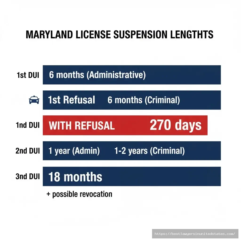 Maryland DUI license suspension duration chart showing first, second, and third offense administrative and criminal suspension lengths