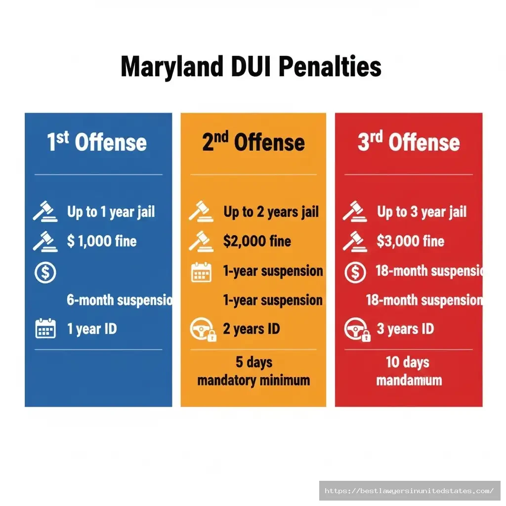 Maryland DUI penalties escalation chart comparing 1st, 2nd, and 3rd offense jail time, fines, suspension, and ignition interlock requirements
