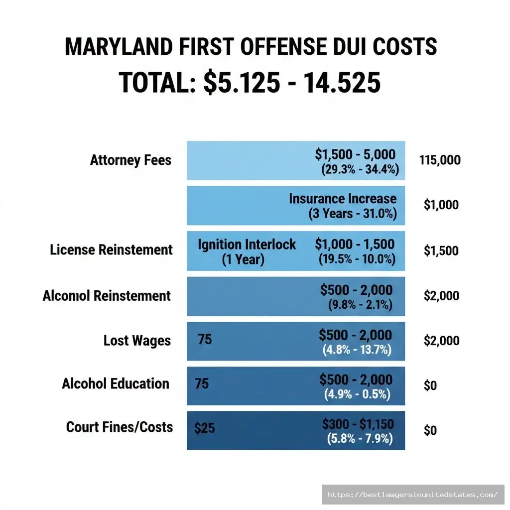 Maryland DUI total cost breakdown showing $5,125-$14,525 including fines, attorney fees, ignition interlock, and insurance increases