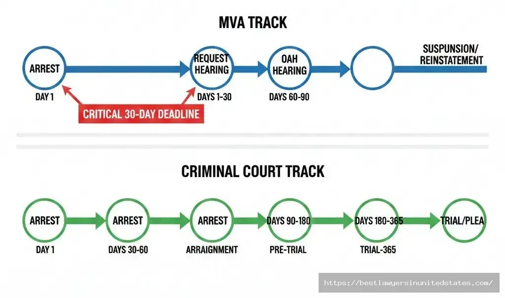 Maryland DUI two-track system timeline showing parallel MVA administrative and criminal court processes with 30-day hearing deadline