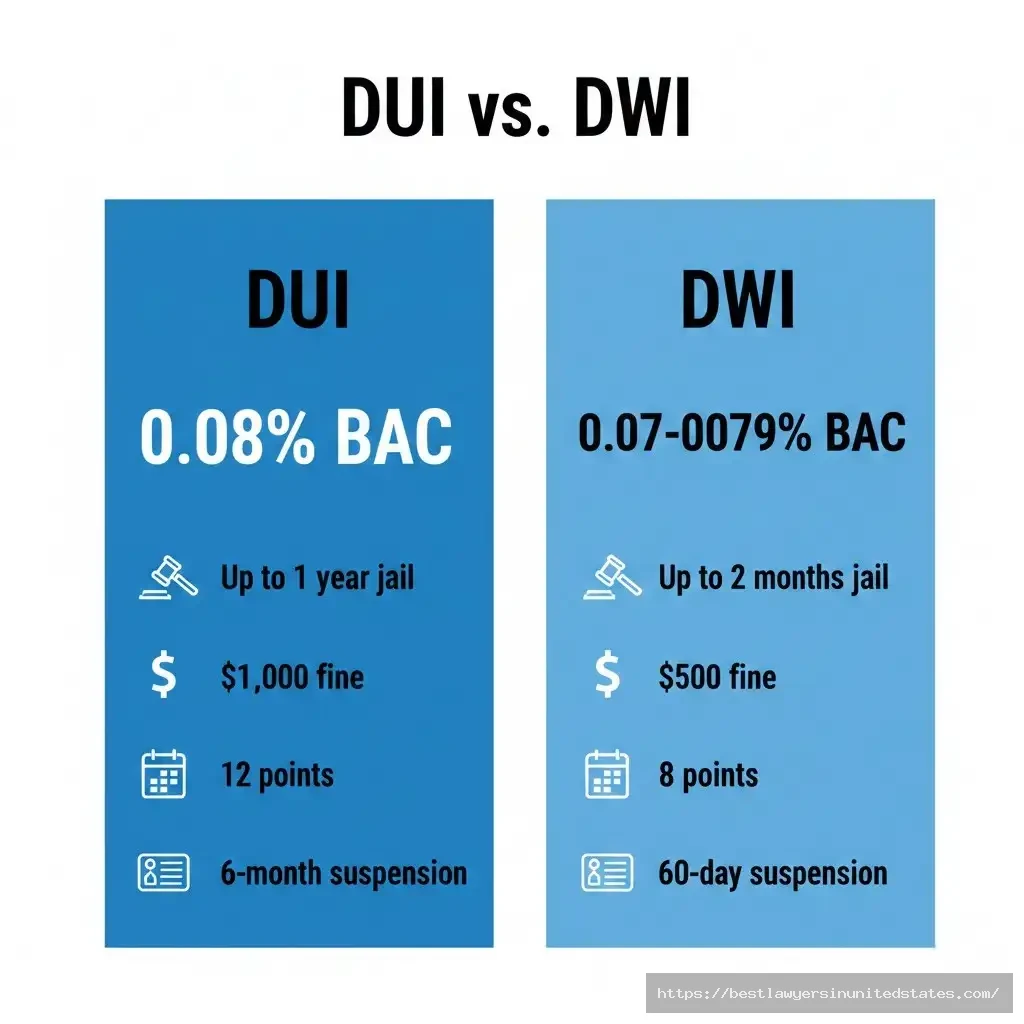 Maryland DUI vs DWI penalties comparison chart showing BAC limits, jail time, fines, points, and license suspension differences