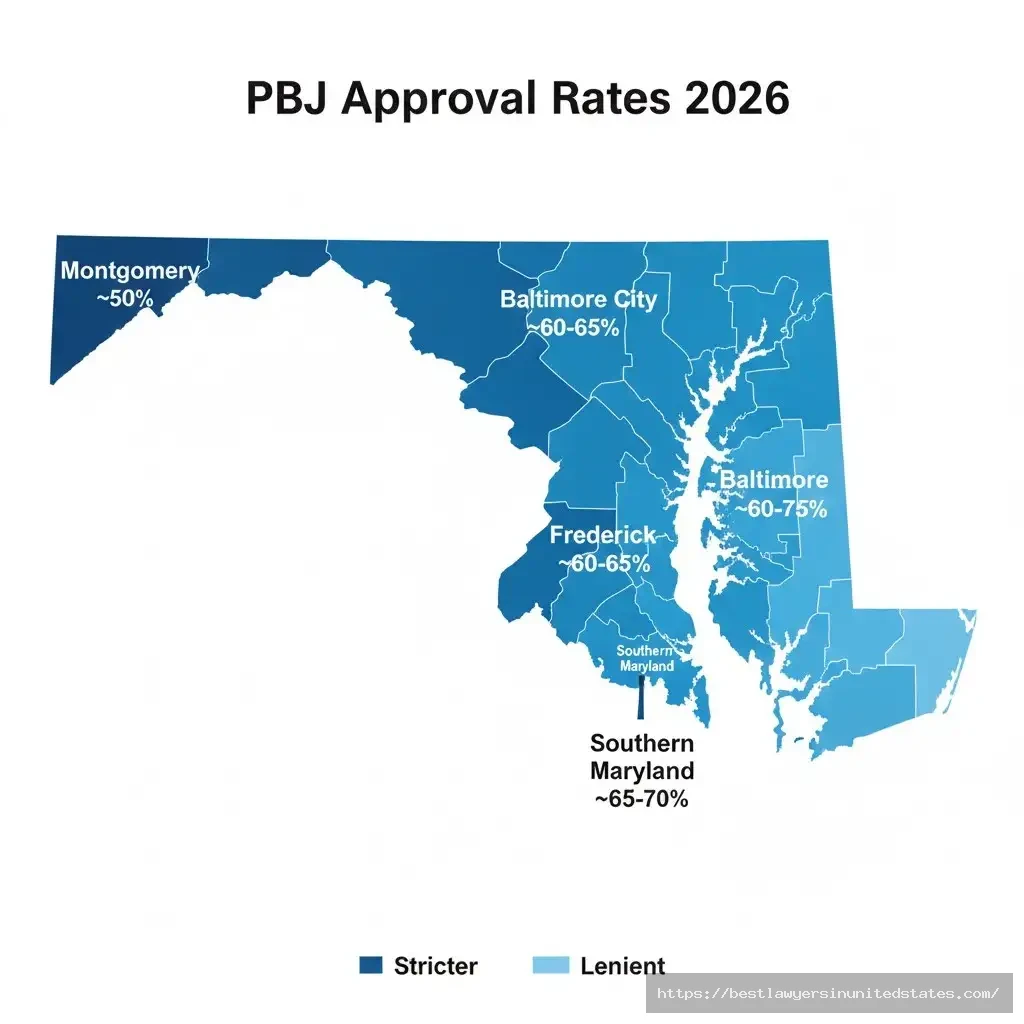 Maryland county-by-county DUI Probation Before Judgment approval rates map showing Montgomery County strictest Baltimore City most lenient