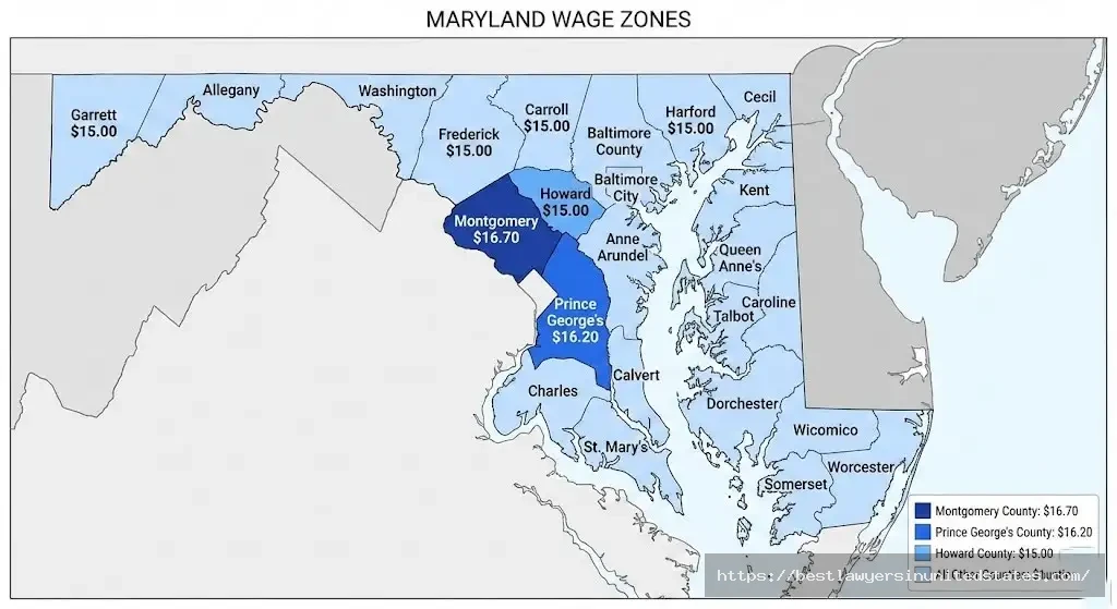 Maryland county minimum wage map showing Montgomery $16.70, Prince George's $16.20, Howard $15.00
