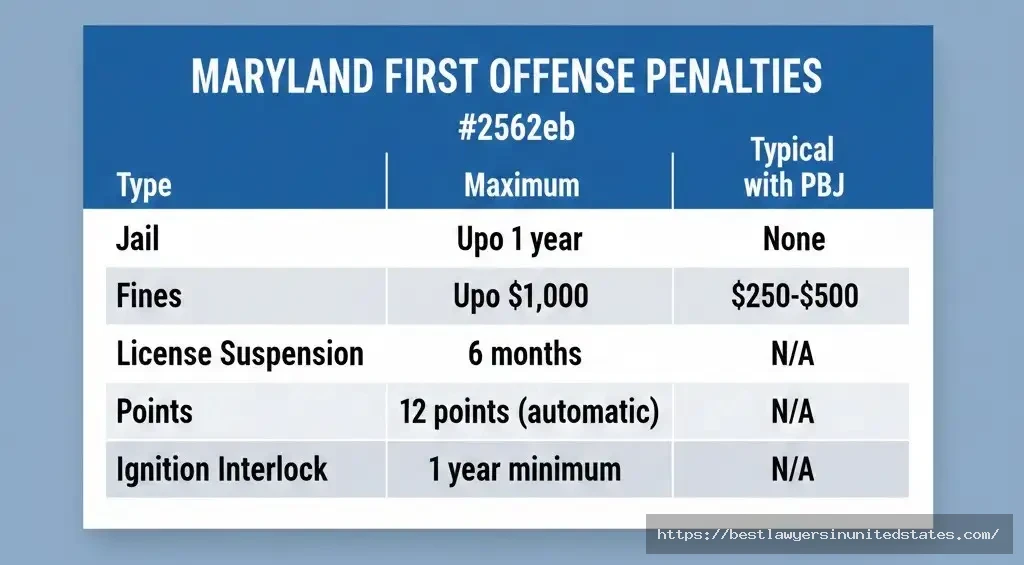 Maryland first offense DUI penalties table showing maximum vs typical outcomes with Probation Before Judgment PBJ