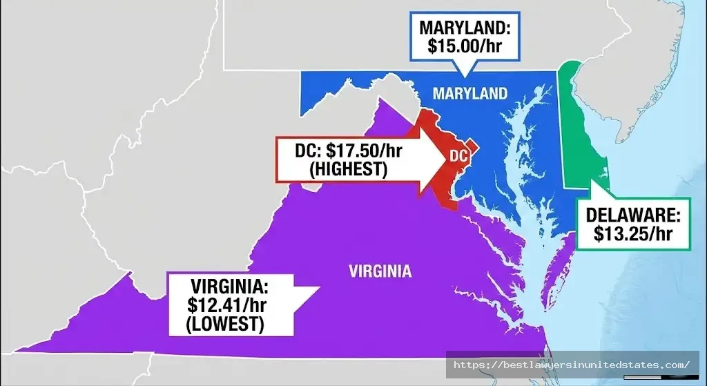 Maryland minimum wage $15 compared to DC Virginia Delaware border states 2026