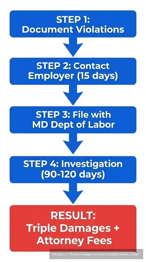 Maryland wage theft claim filing process timeline and triple damages recovery