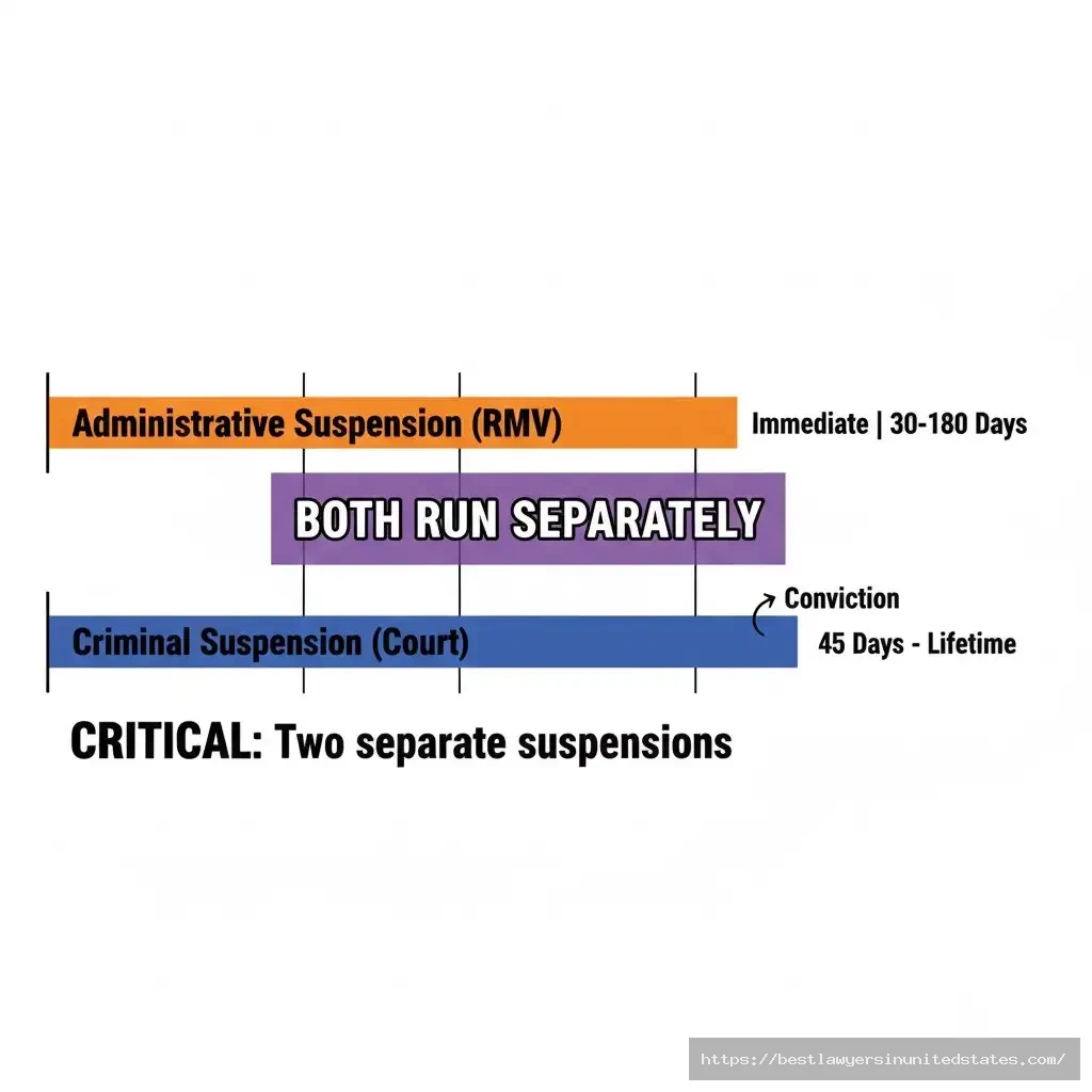 Massachusetts OUI administrative vs criminal license suspension timeline showing separate RMV and court penalties