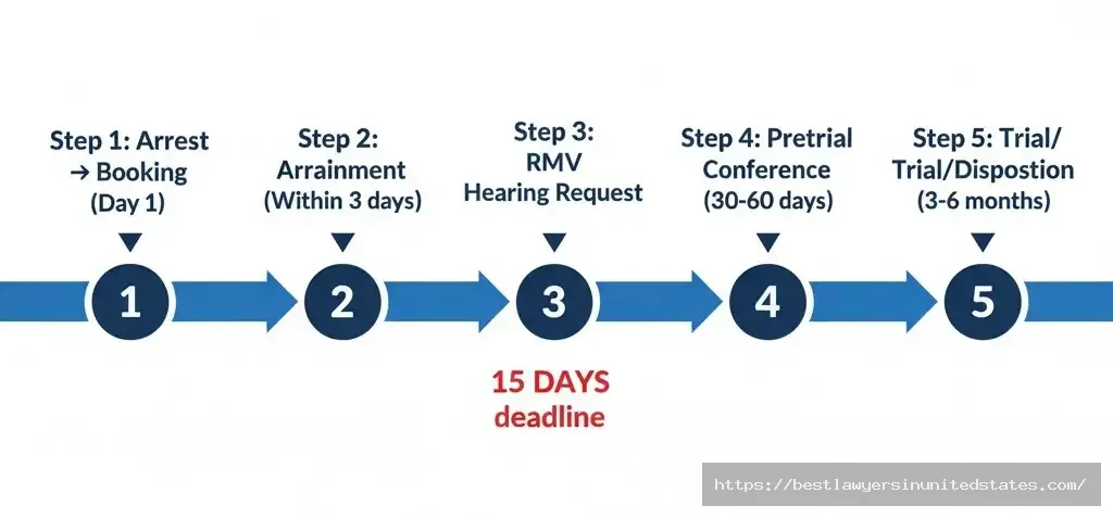 Massachusetts OUI court process timeline from arrest to trial showing arraignment and 15 day RMV hearing deadline