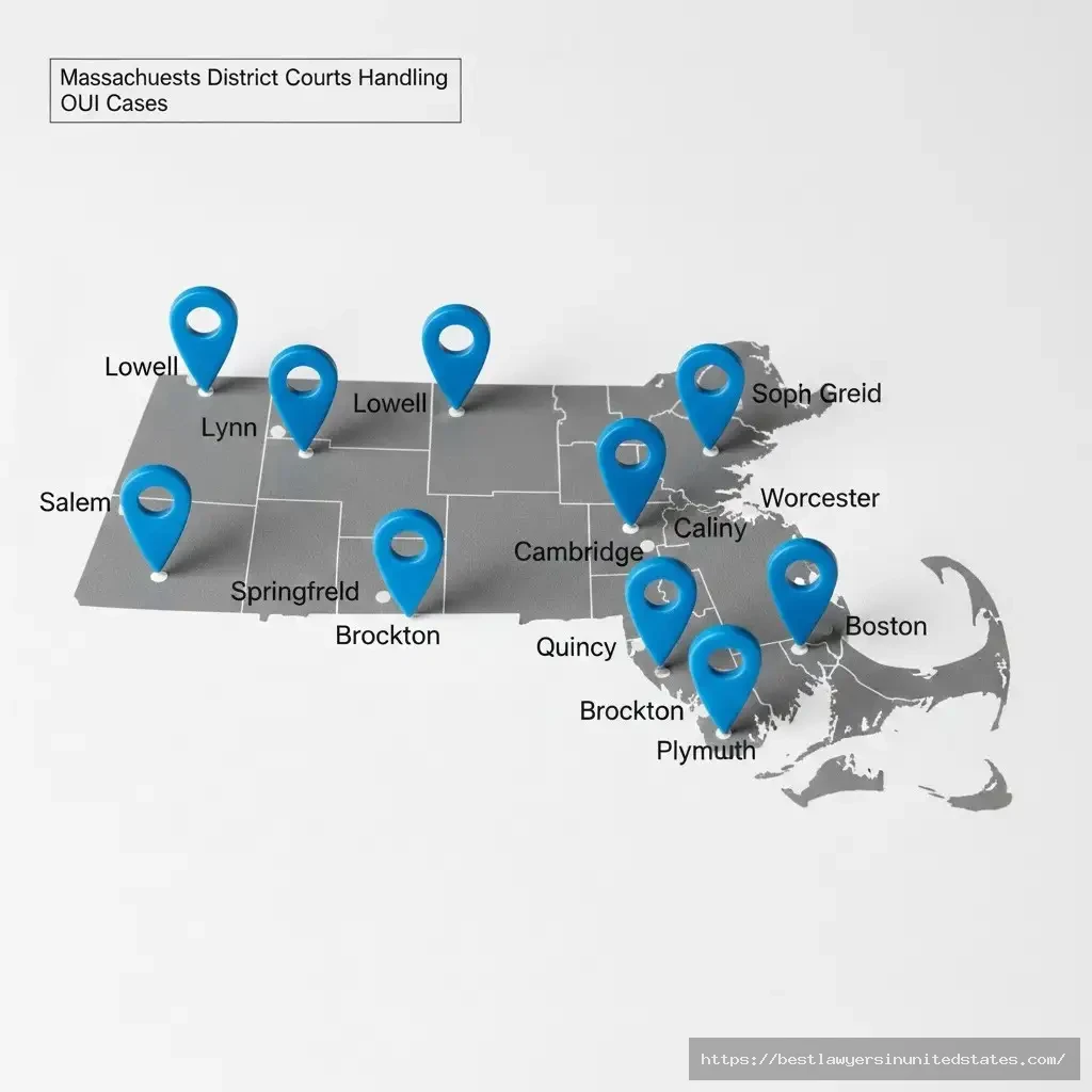 Massachusetts OUI district court locations map showing Boston Cambridge Worcester Springfield and other major courthouses