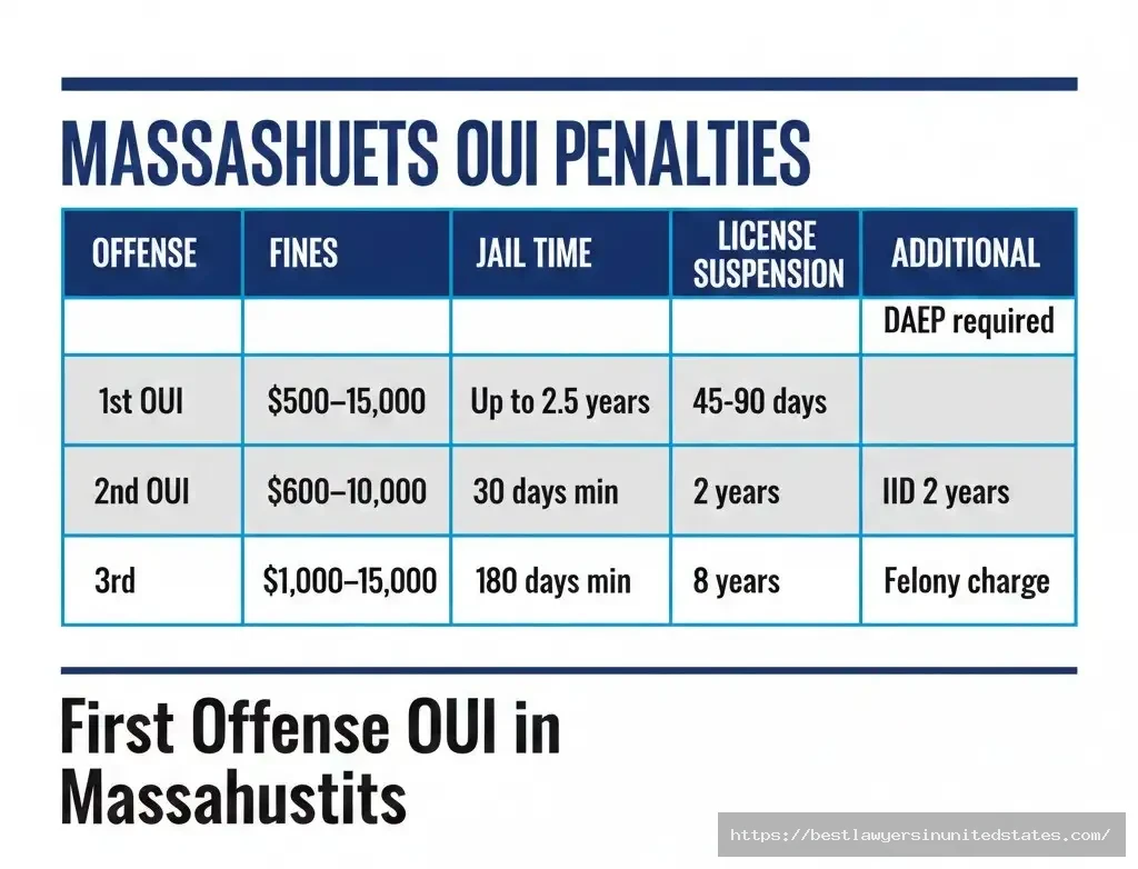 Massachusetts OUI penalties by offense showing fines jail time and license suspension for 1st 2nd 3rd violations