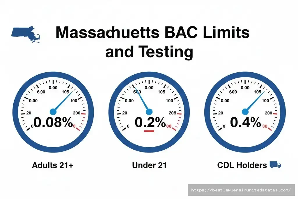 Massachusetts blood alcohol concentration limits 0.08% for adults 0.02% under 21 and 0.04% for CDL holders