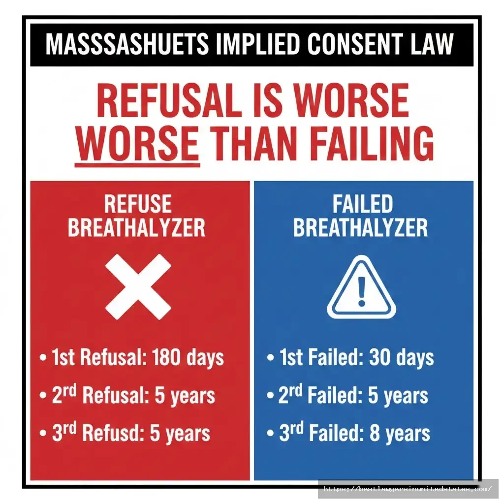 Massachusetts breathalyzer refusal penalties compared to failed test showing 180 day vs 30 day suspension for first offense