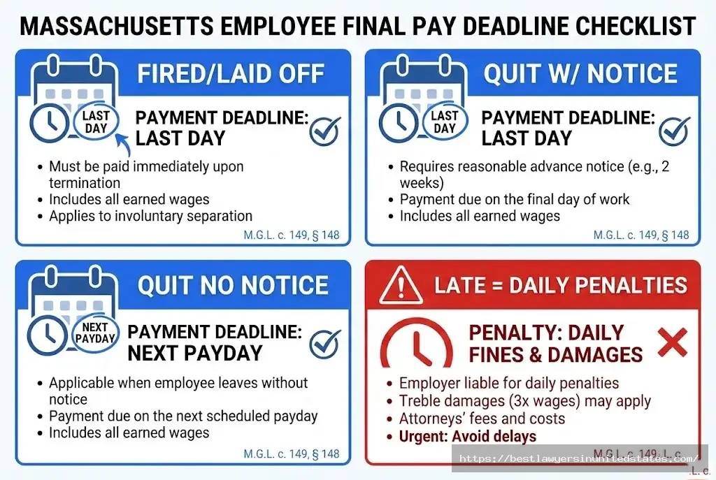 Massachusetts final paycheck deadlines immediate for termination, next payday for resignation without notice